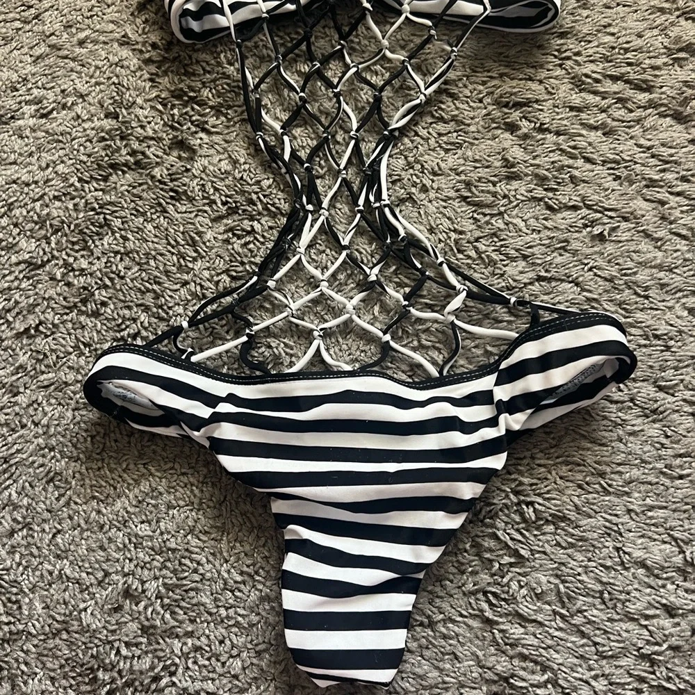 MIKOH Swimwear Xavier Crochet Back One Piece in Black/White Stripe - Picture 5 of 9